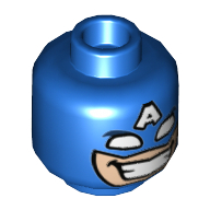 Lego Minifig Head Captain America, White Eye and 'A' on Forehead, Wide Grin with Teeth Print [Hollow Stud] / Blue