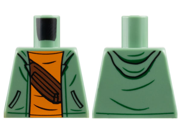 Lego Torso Hoodie with Black Pockets over Orange Shirt with Reddish Brown Belt Bag Pattern / Sand Green