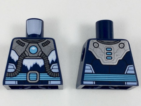 Lego Torso Armor with Medium Azure Round Crystal and Belt, Silver Tubes and Buckle and White Ice Pattern / Dark Blue
