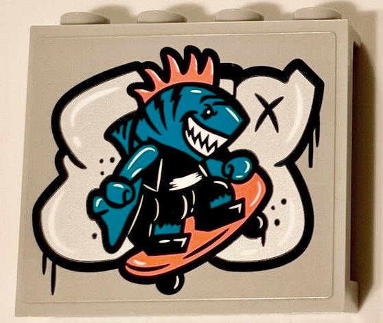 Lego Panel 1 x 4 x 3 with Side Supports - Hollow Studs with Silver Graffiti and Shark Singer Minifigure on Skateboard Pattern (Sticker) - Set 60290 / Light Bluish Gray
