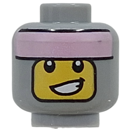 Lego Minifig Head, Yellow Face, Lopsided Smile, Metal Pink Bandana / Light Bluish Gray