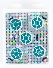 Lego Brick 1 x 2 x 2 with Inside Stud Holder with 5 Dark Turquoise Hexagonal Gems on Silver Holographic Glitter Background Pattern (Sticker) - Set 41255