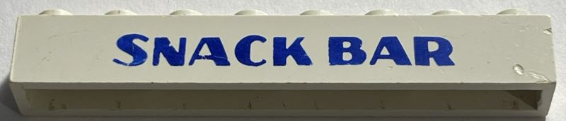 Lego Brick 1 x 8 without Bottom Tubes with Cross Side Supports with Blue 'SNACK BAR' Sans-Serif Bold Pattern / White