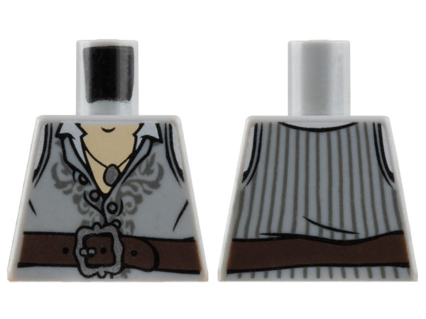 Lego Torso Vest Partially Open with Silver Buttons and Dark Bluish Gray Embroidery and Pinstripes over White Shirt, Dark Brown Belt with Buckle, Pendant Necklace, Light Nougat Chest Pattern / Light Bluish Gray