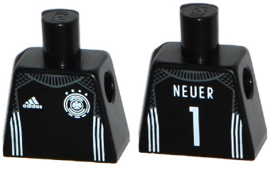Lego Torso Soccer Shirt with Adidas Logo, 4 Stars and Eagle Front, White Stripes, 'NEUER 1' White Pattern / Black