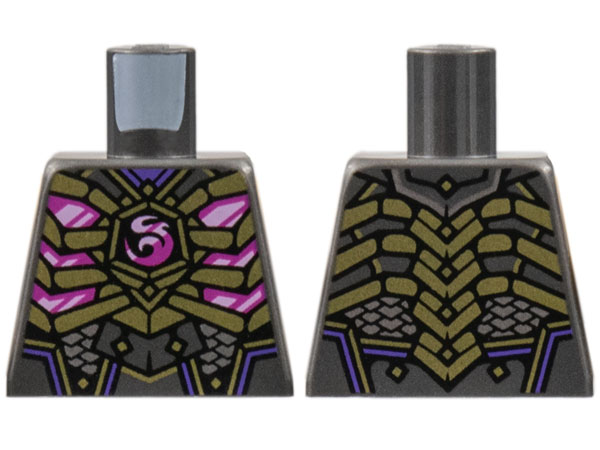 Lego Torso Armor, Gold Ribs, Magenta Dragon Logo and Trim, Silver Scales Pattern / Pearl Dark Gray