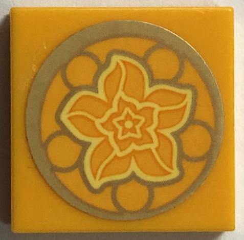 Lego Tile 2 x 2 with Bright Light Yellow Lotus Flower in Gold Circle Pattern (Sticker) - Set 43184