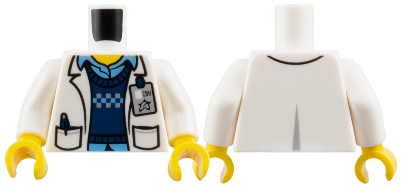 Lego Torso Lab Coat with Pockets over Dark Blue Sweater and Medium Blue Shirt, ID Badge with Ultra Agents Logo Pattern (Christina Hydron) / White Arms / Yellow Hands