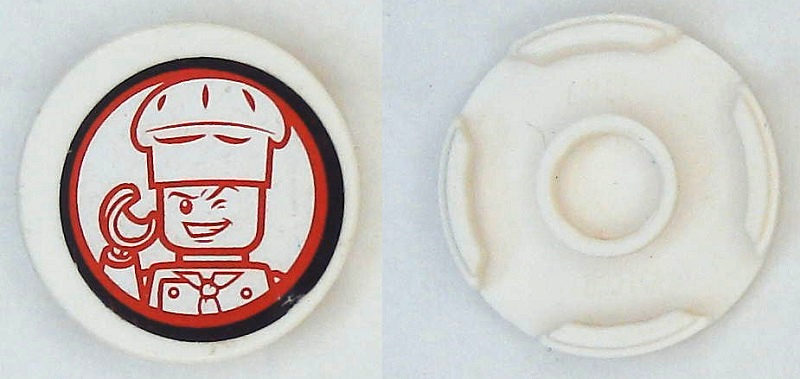 Lego Tile, Round 2 x 2 with Bottom Stud Holder with Chef Winking Pattern (Sticker) - Set 79104 / White