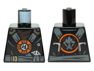 Lego Torso Ninjago Dark Bluish Gray and Gold Straps and Belt, Round Emblem, Weapons and Dark Brown Undershirt Pattern / Black