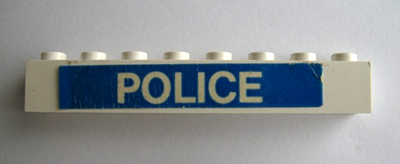 Lego Brick 1 x 8 with White 'POLICE' on Blue Background Pattern (Sticker) - Set 364 / White