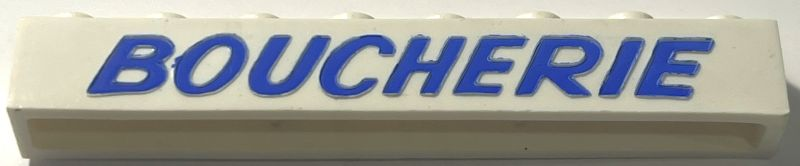 Lego Brick 1 x 8 without Bottom Tubes with Cross Side Supports with Blue 'BOUCHERIE' Italic Pattern / White