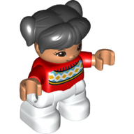 Lego Duplo Figure Child with Ponytails and Bangs Black, with Red Sweater with a line of Orange Diamonds on White Diamonds - Nougat Face and Hands - White Legs / Red
