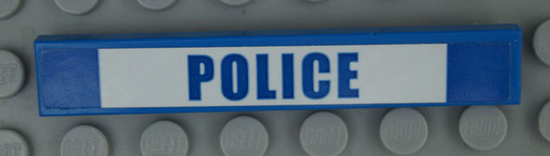 Lego Tile 1 x 6 with Blue 'POLICE' on White Background Pattern (Sticker) - Set 60138 / Blue