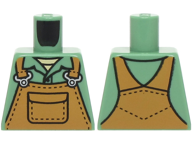 Lego Torso Medium Nougat Overalls with Pocket and Silver Buckles over Shirt with Collar and Tan Undershirt Pattern / Sand Green