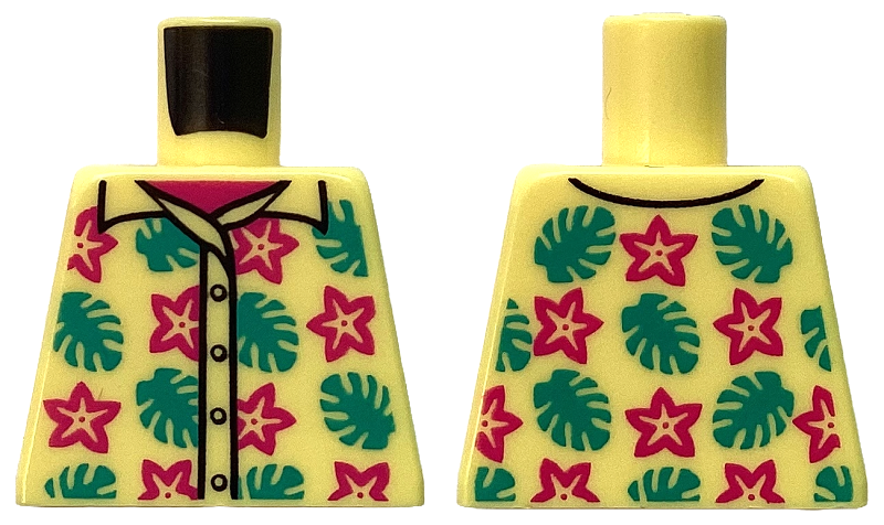 Lego Torso Hawaiian Shirt with Buttons, Magenta Flowers and Dark Turquoise Leaves over Undershirt Pattern / Bright Light Yellow