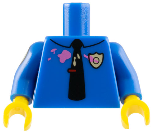 Lego Torso Simpsons Police Shirt with Collar, Tan Badge, Black Tie with Red Clip, Dark Pink Splotches Pattern / Blue Arms with Tan Ovals Pattern / Yellow Hands