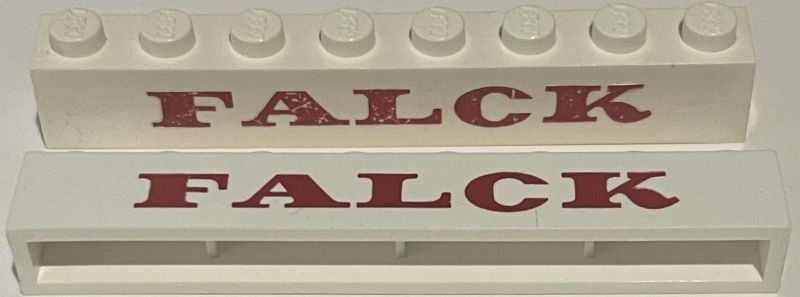 Lego Brick 1 x 8 without Bottom Tubes with Cross Side Supports with Red 'FALCK' Serif Bold Pattern / White