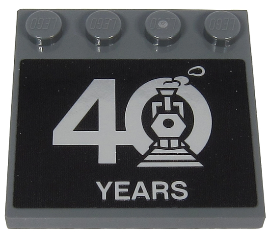 Lego Tile, Modified 4 x 4 with Studs on Edge with Silver '40 YEARS' and Steam Engine on Black Background Pattern (Sticker) - Set 40370