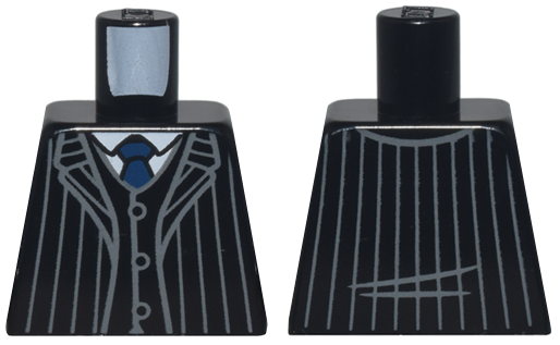 Lego Torso Suit Jacket Open with Dark Bluish Gray Pinstripes over Vest with Buttons and White Shirt, Dark Blue Tie Pattern / Black