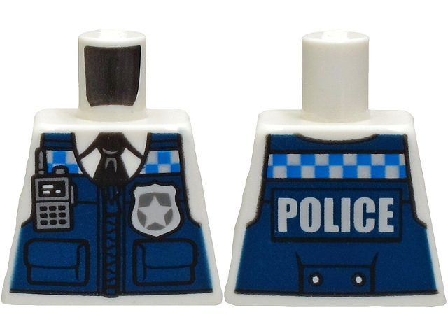 Lego Torso Dark Blue Vest over Shirt and Black Tie, Blue and Silver Checkered Stripe, Radio, Badge and 'POLICE' Pattern / White
