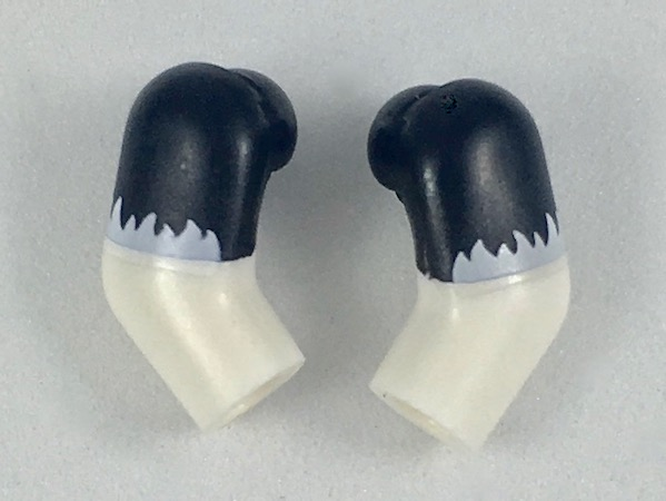 Lego Arm, (Matching Left and Right) Pair with Black Short Sleeves with White Fur Fringe Pattern / White