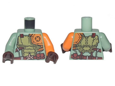 Lego Torso Ninjago Olive Green and Orange Body Armor with Dark Red Belt and 3 Pouches Pattern / Orange Arm Left / Sand Green Arm Right / Dark Brown Hands