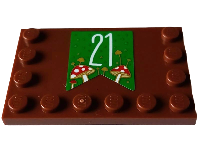 Lego Tile, Modified 4 x 6 with Studs on Edges with White Number 21, Gold Dots and Red and Tan Mushrooms on Green Banner Pattern (Sticker) - Set 4002023