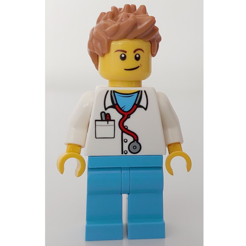 Lego Doctor Mack, White Shirt over Medium Azure Scrubs with Stethoscope and Pocket, Medium Nougat Hair