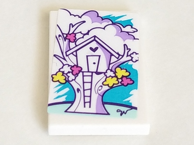 Lego Tile 2 x 3 with Medium Lavender Tree House and Ladder Pattern (Sticker) - Set 41332 / White