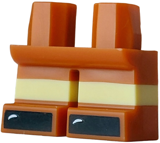 Lego Legs Short with Molded Horizontal Bright Light Yellow Stripes and Printed Black Shoes with White Reflections Pattern / Dark Orange