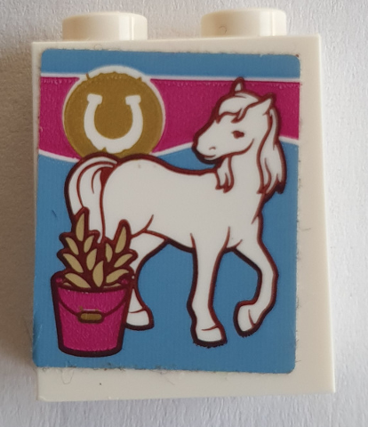 Lego Brick 1 x 2 x 2 with Inside Stud Holder with Horseshoe,  Horse and Grain in Bucket Pattern (Sticker) - Set 41126 / White
