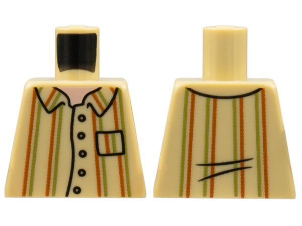 Lego Torso Button Up Shirt with Pocket, Light Nougat Neck, Dark Orange and Olive Green Vertical Stripes Pattern / Tan