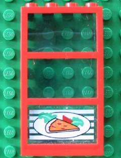 Lego Window 1 x 4 x 6 with 3 Panes with Fixed Trans-Light Blue Glass with Pizza Pointing Right Pattern (Sticker) - Set 4556 / Red
