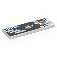 Lego Tile 2 x 6 with Black Background, Bright Light Blue Shapes, 'LIONEL MESSI', Portrait Print / White