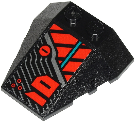 Lego Wedge 4 x 4 Triple with Stud Notches with Red Number 01 and Red, Silver and Dark Turquoise Stripes Pattern Model Right Side (Sticker) - Set 71713