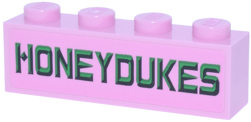 Lego Brick 1 x 4 with Green, Bright Green and Black 'HONEYDUKES' Pattern (Sticker) - Set 76457 / Bright Pink