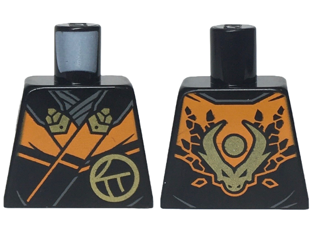 Lego Torso Ninja Robe with Orange Trim and Gold Buckles over Dark Bluish Gray Sash, Ninjago Logogram Letter C in Circle, Dragon Head and Orb on Back Pattern / Black