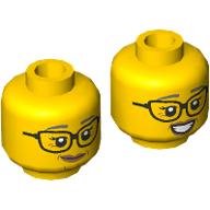 Lego Minifig Head, Dark Bluish Grey Eyebrows, Glasses, Crooked Smile / Open Mouth Teeth Smile Print / Yellow
