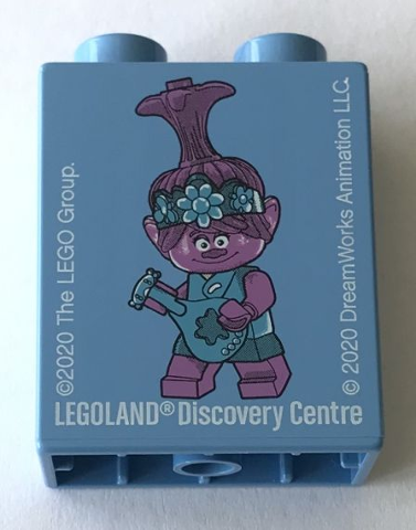 Lego Duplo, Brick 1 x 2 x 2 with Poppy Trolls LEGOLAND Discovery Centre 2020 Pattern / Medium Blue
