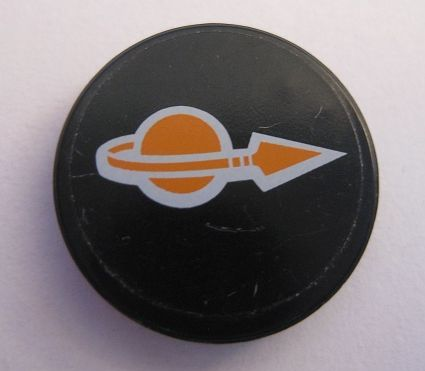 Lego Tile, Round 2 x 2 with Orange Classic Space Logo Pattern (Sticker) - Set 7693