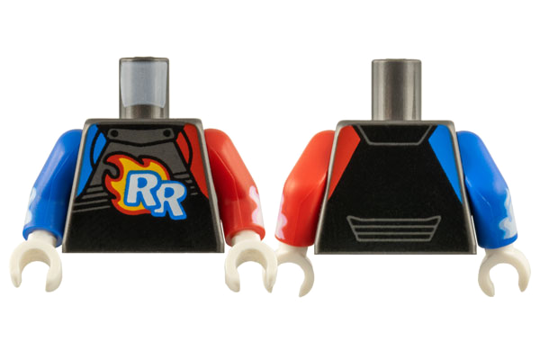 Lego Torso Racing Suit with White 'RR' on Red and Bright Light Orange Flames Pattern / Red Arm Left with White Flames Pattern / Blue Arm Right with White Flames Pattern / White Hands