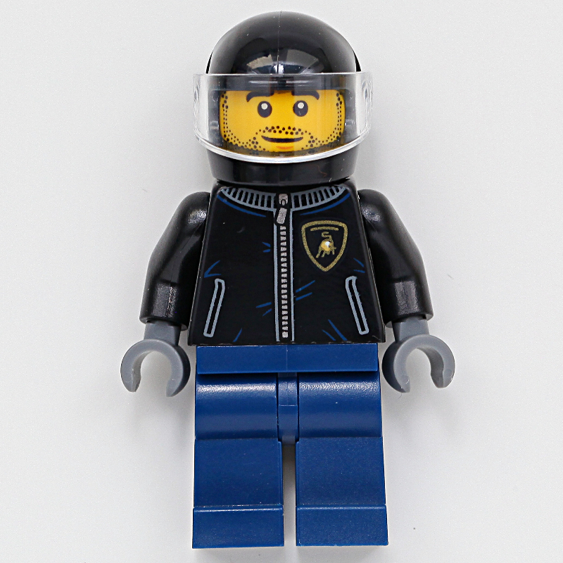 Lego Race Driver, Black Racing Jacket, Dark Blue Legs, Black Helmet, Stubble