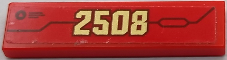 Lego Tile 1 x 4 with Gold '2508' and Armor Plate Outlines Pattern (Sticker) - Set 70677 / Red