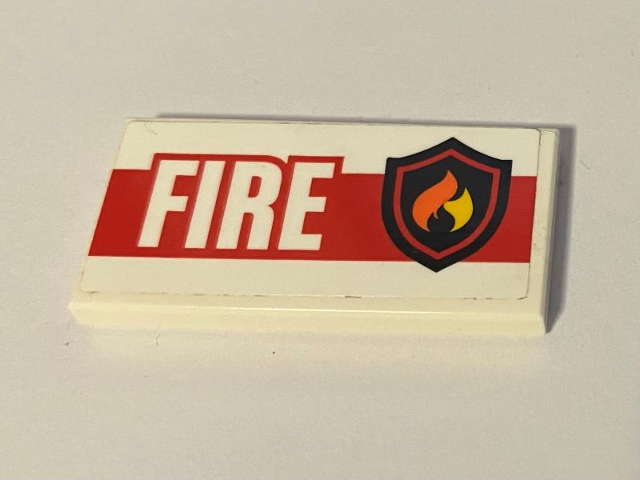 Lego Tile 2 x 4 with Fire Logo Badge, 'FIRE', and Thick Red Stripe on White Background Pattern (Sticker) - Set 60110