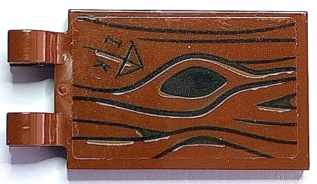 Lego Tile, Modified 2 x 3 with 2 Open O Clips with Wood Grain, Black Knot Hole, Arrow and 'IK' Pattern (Sticker) - Set 70425 / Reddish Brown