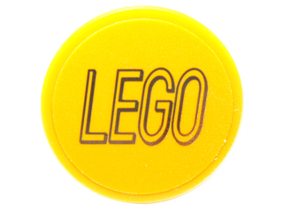 Lego Tile, Round 2 x 2 with Bottom Stud Holder with Black LEGO Logo Outline Squared Ends on Yellow Background Pattern (Sticker) - Set 76039 / Yellow