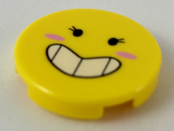 Lego Tile, Round 2 x 2 with Bottom Stud Holder with Black Eyes with Eyelashes, Large Smile Showing Teeth, Dark Pink Blush Pattern
