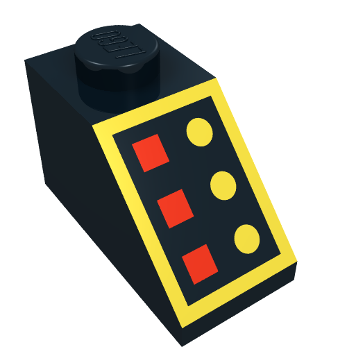 Lego Brick Sloped 45° 2 x 1 with Bottom pin, with 3 Red Lamps, 3 Yellow Buttons, Yellow Border print / Black
