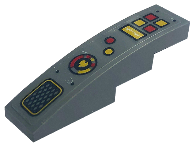 Lego Slope, Curved 4 x 1 with Black Grille, Gold Flame in Circle, and Red and Gold Buttons Pattern Model Right Side (Sticker) - Set 71773